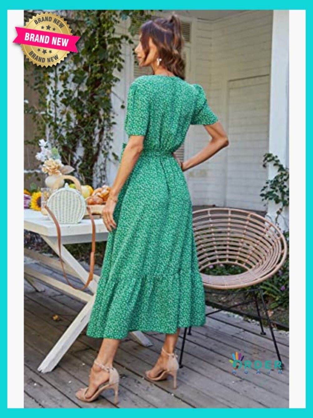 Boho Floral Maxi Dress Wrap V Neck Ruffle Short Sleeve Flowy Beach Wedding Guest - Picture 4 of 7